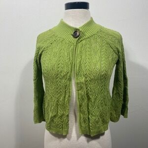 RQT Lime Green Cotton Pointelle Knit Cropped Cardigan Sweater Small 3/4 Sleeve